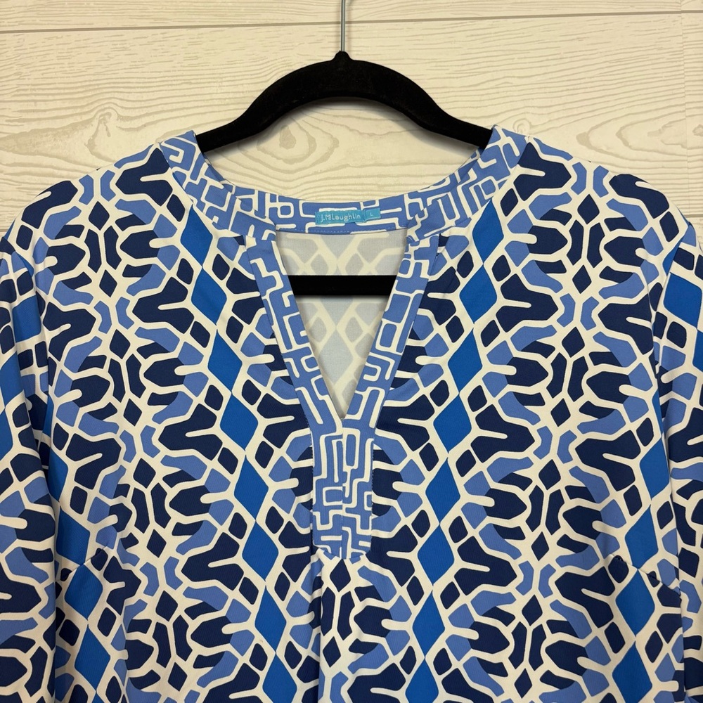 J. McLaughlin Catalina Cloth Blue Mosaic Print Tunic V Neck Blouse Size Large - Picture 2 of 6